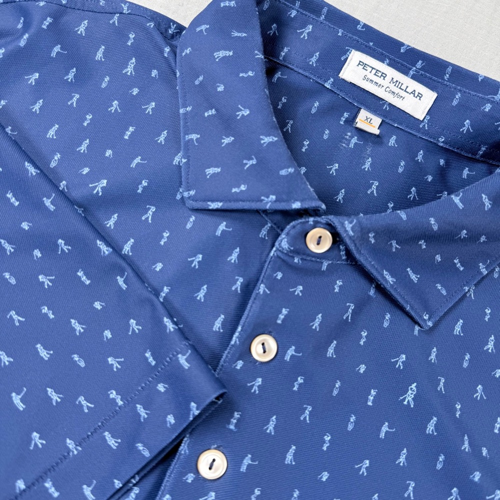 Peter‎ Millar Summer Comfort Mens XL Blue Golf Polo Shirt Mini Golfer Print